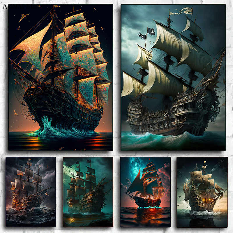 Home Decor Nautical - Soyut korsan gemisi deniz ay gece