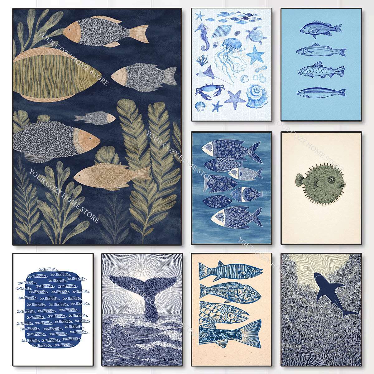 Home Decor Nautical - Minimalist Deniz Balıkları ve Dalgalar Sanat